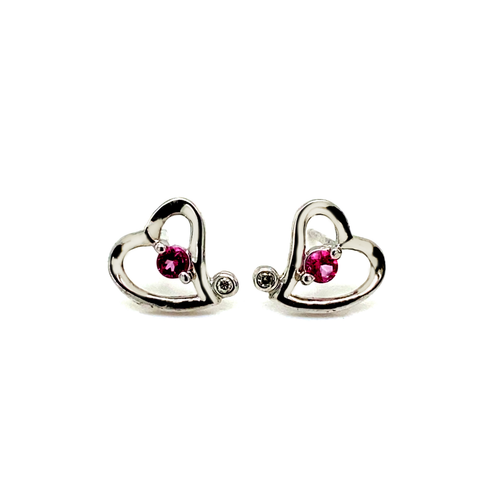 Sterling Silver Heart-Shaped Earrings with Pink Topaz and Diamond