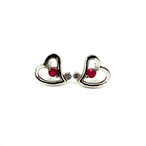 Sterling Silver Heart-Shaped Earrings with Ruby and Diamond